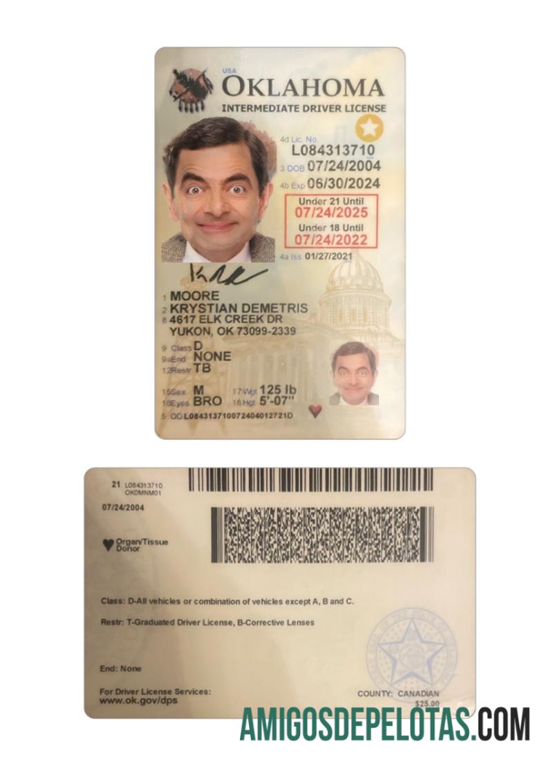 Carta de condução para menores de 21 anos nos EUA Oklahoma amostra